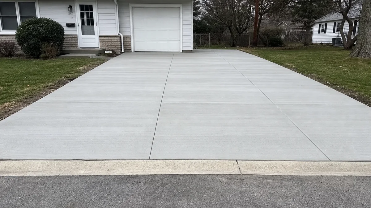 New broom-finished concrete driveway in Elkhart Indiana with clean control joints and curb approach