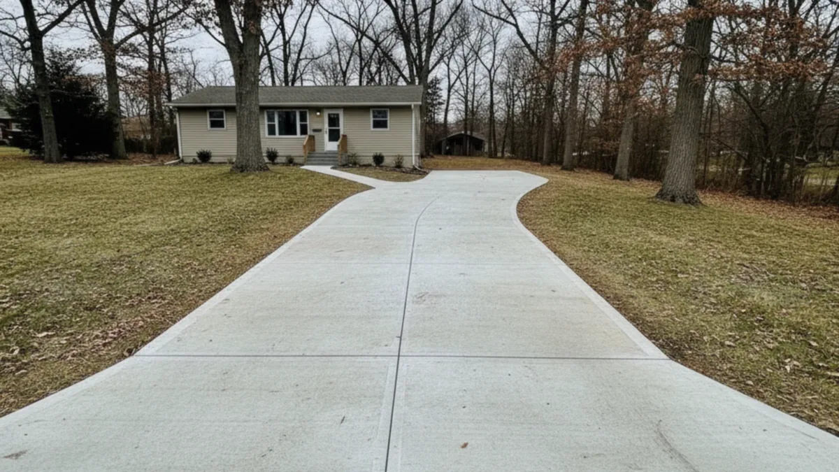 Generic illustration of a finished concrete driveway on a gently sloped wooded residential lot
