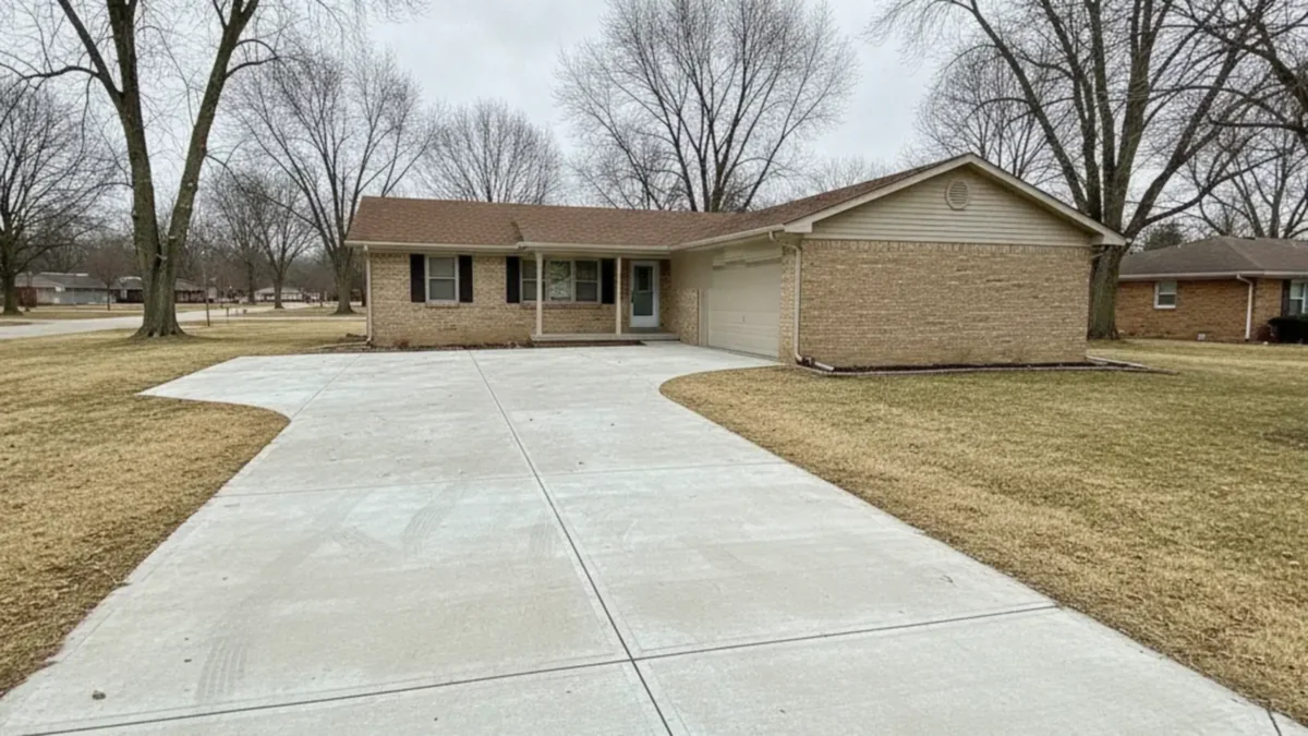 Generic illustration of a finished concrete driveway and front walk beside a modest home