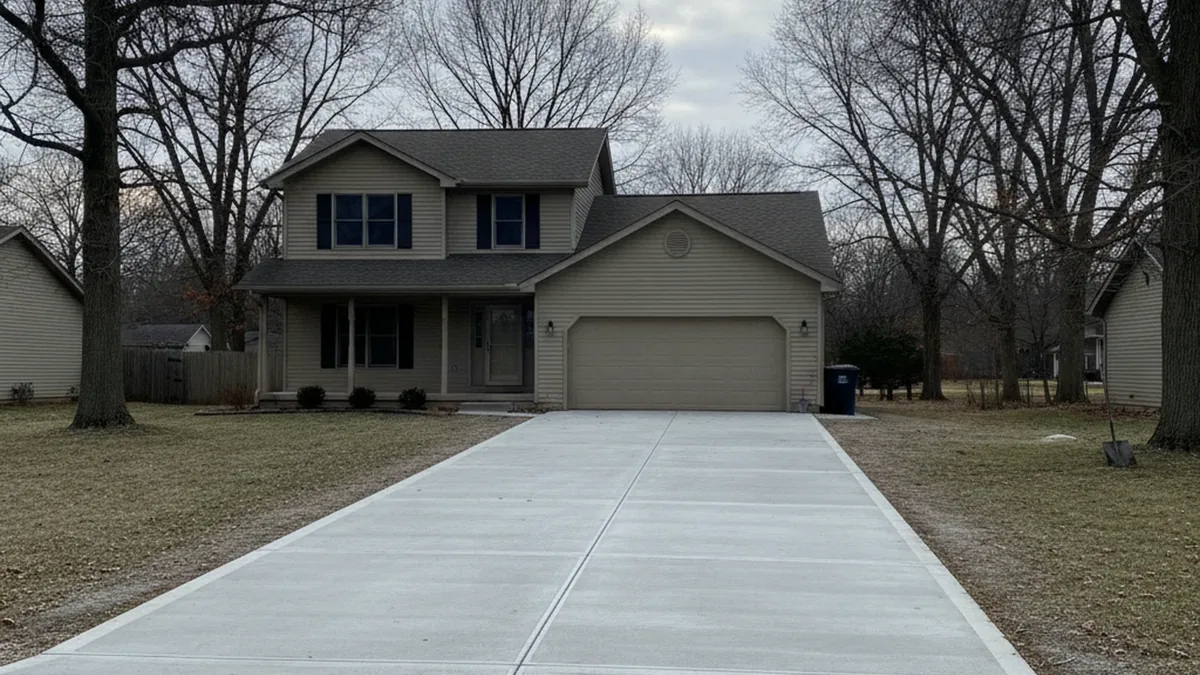 Completed concrete driveway South Bend Indiana St Joseph County Michiana air-entrained broom finish lake-effect snow