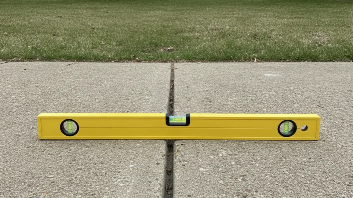 Plain level spanning the joint between settled dry concrete sidewalk panels