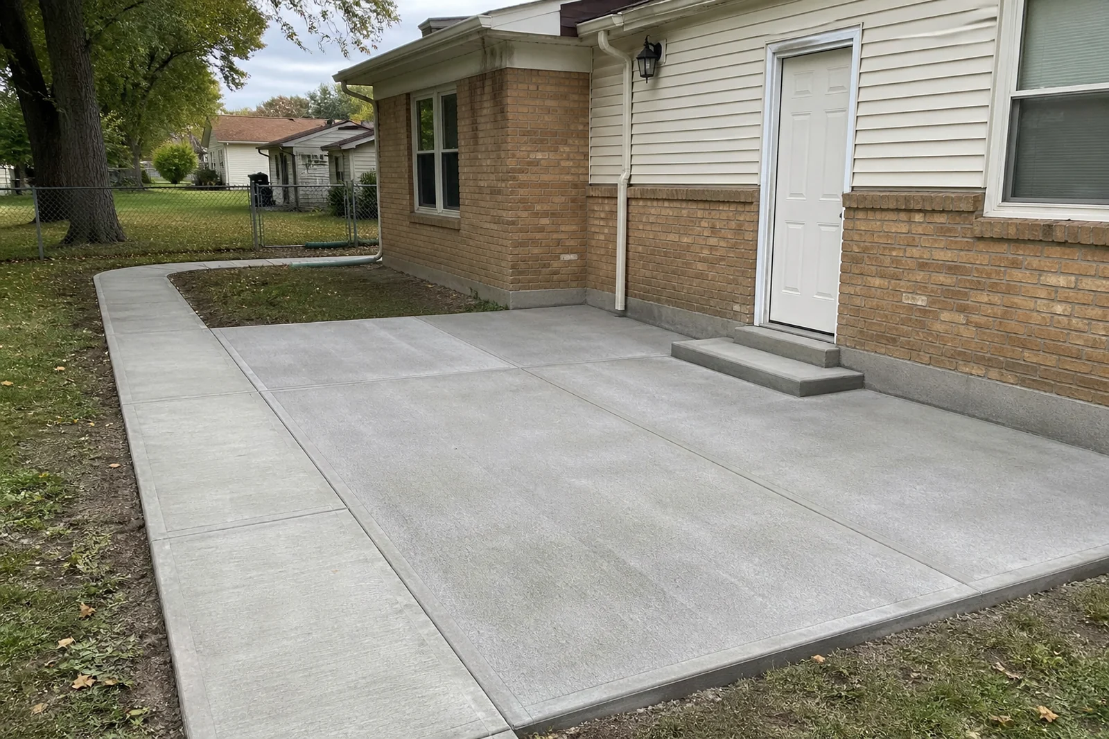 Finished dry concrete patio and walkway South Bend Indiana Michiana St Joseph County residential broom finish