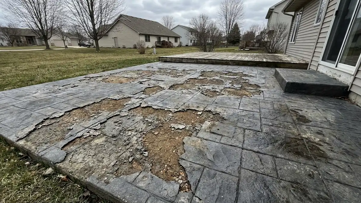 Cracked heaved concrete driveway South Bend Indiana lake-effect snow freeze-thaw damage St Joseph County before replacement