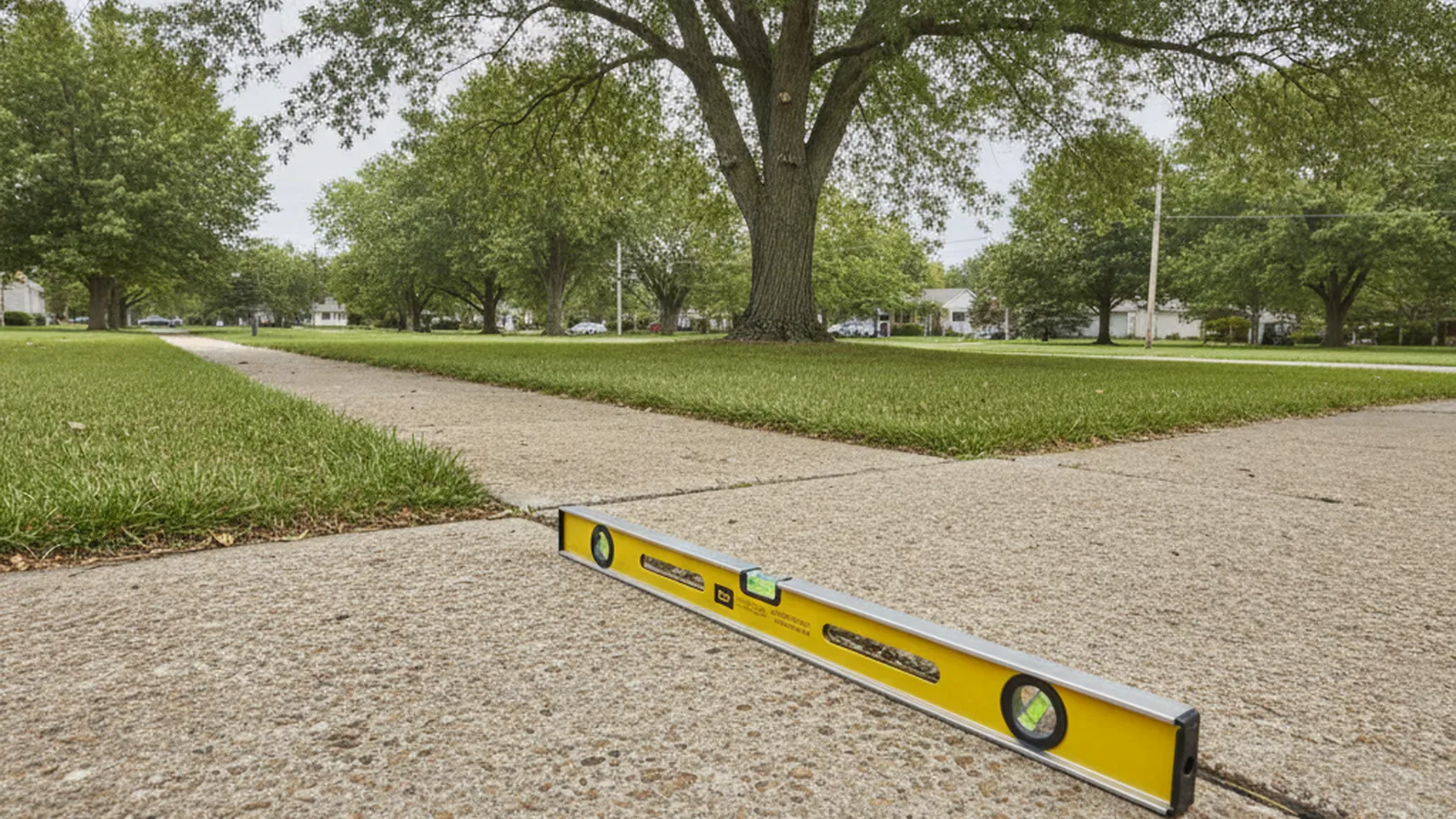 Settled concrete walkway being measured for leveling