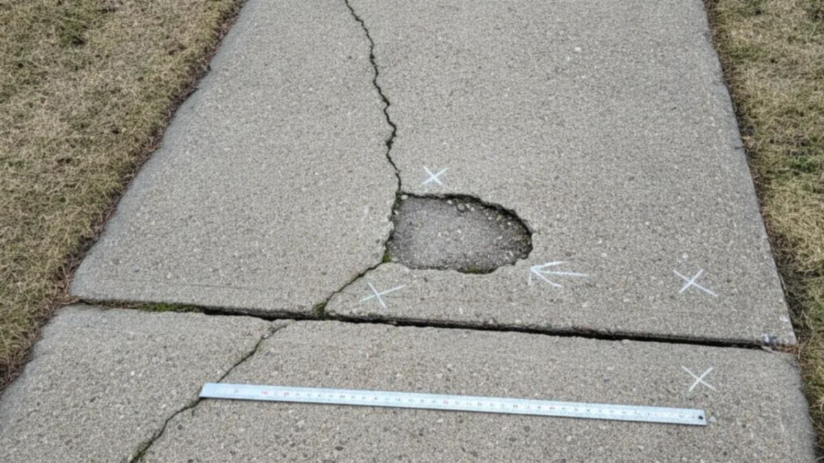Close view of cracked concrete being assessed for repair