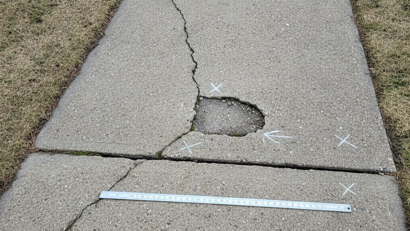 Close view of cracked concrete being assessed for repair