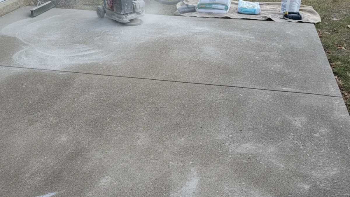Concrete patio surface prepared for a resurfacing overlay