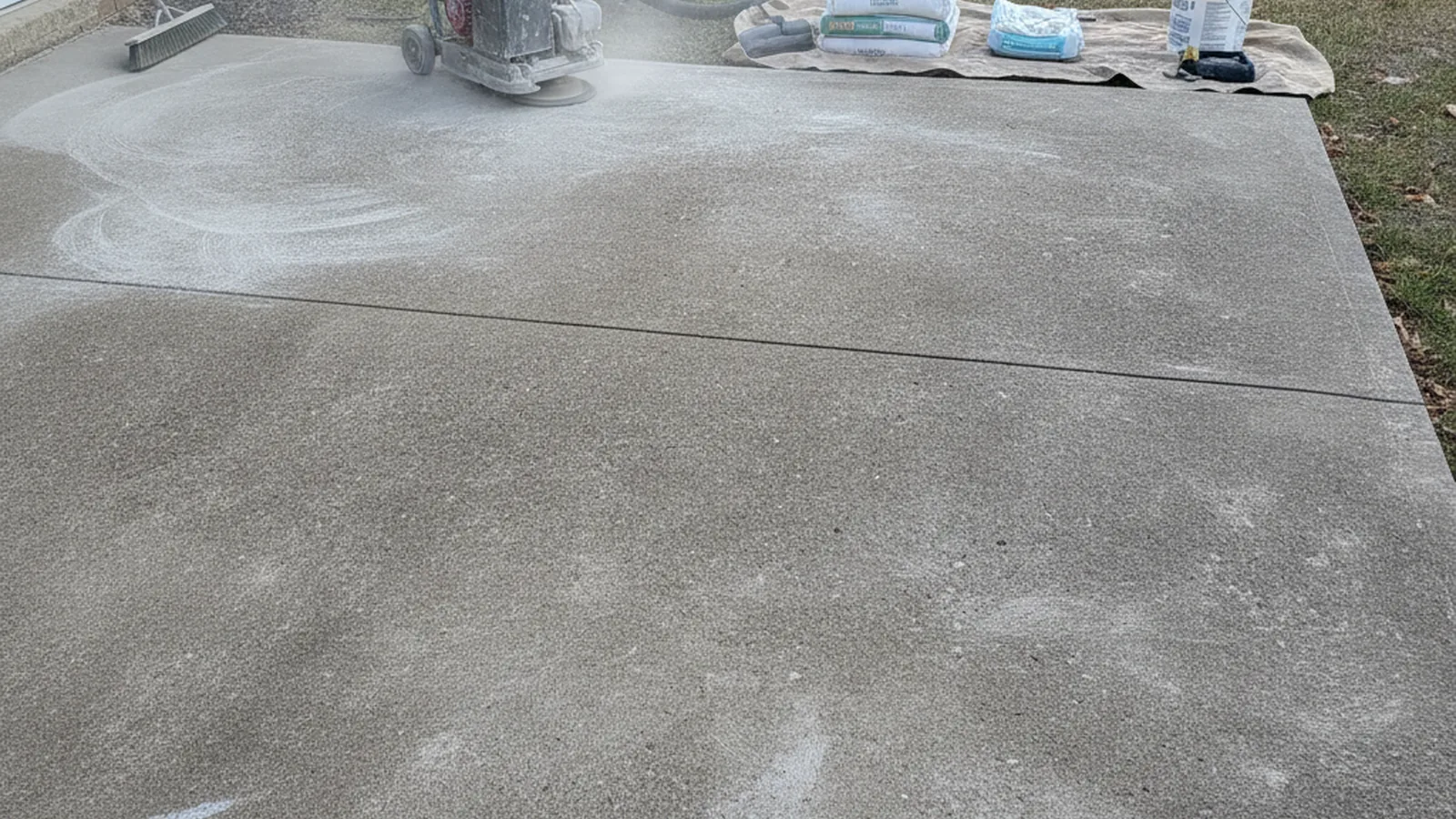 Concrete patio surface prepared for a resurfacing overlay
