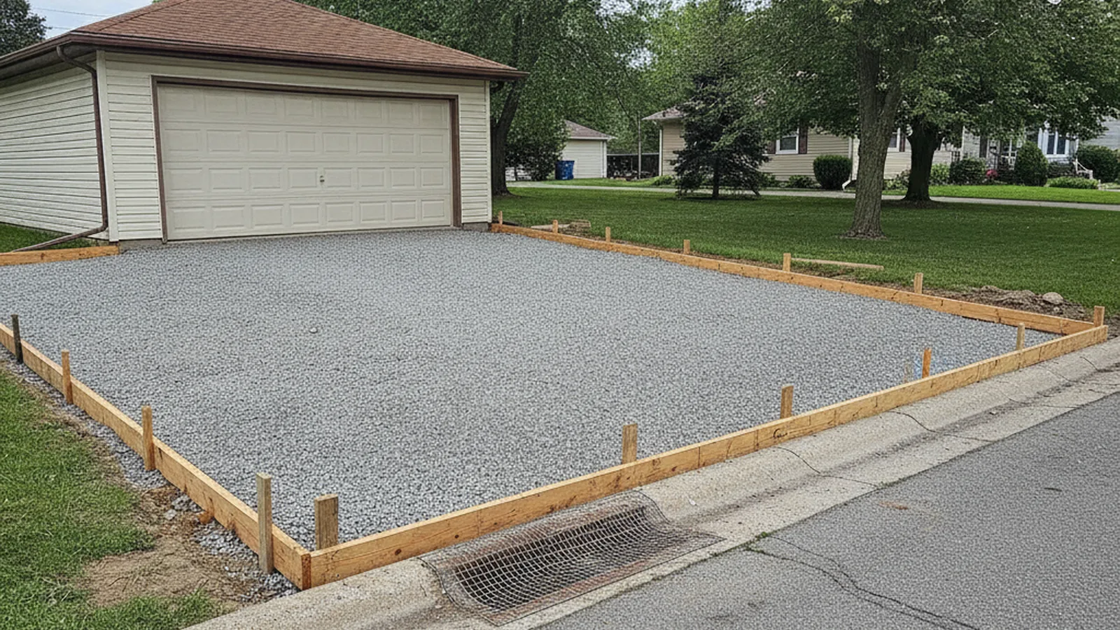 Concrete driveway replacement area with prepared base and forms