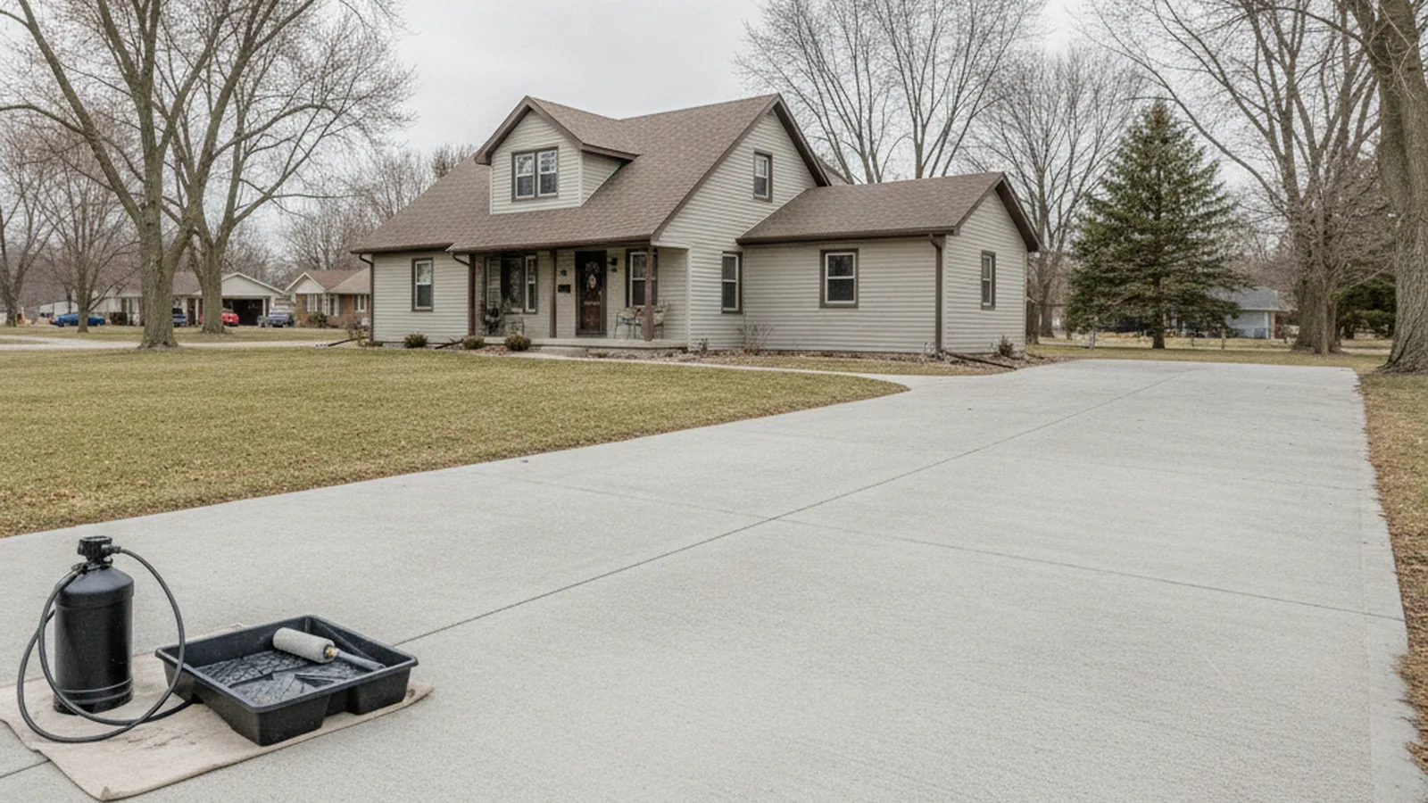 Concrete driveway with staged sealing application equipment