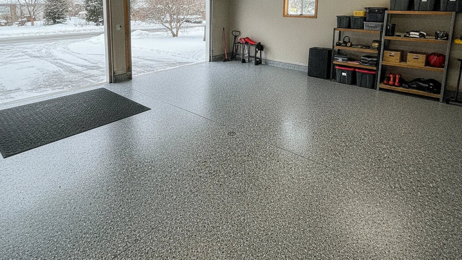 Clean coated garage floor with vehicle parking space