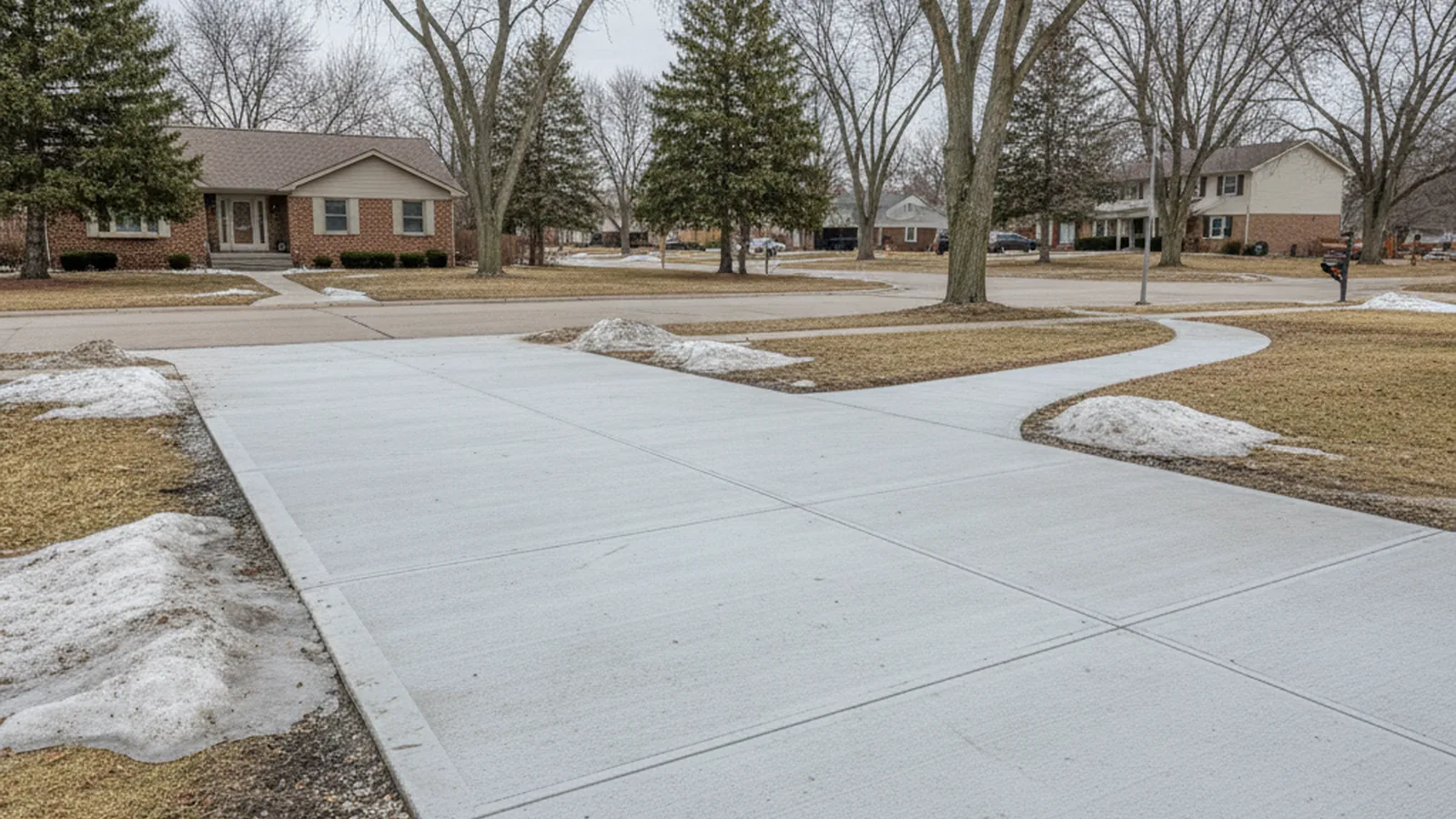 Residential concrete driveway and curved walkway setting