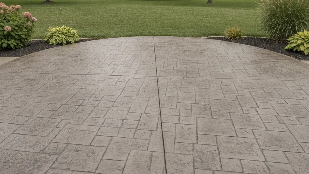 Decorative stamped concrete patio with a textured pattern