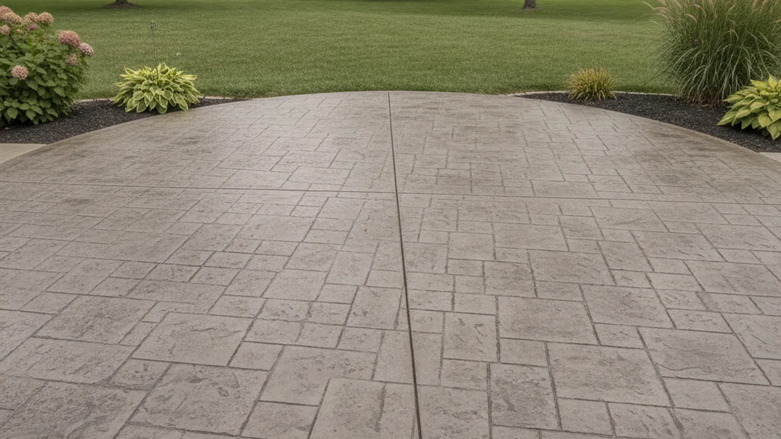 Decorative stamped concrete patio with a textured pattern